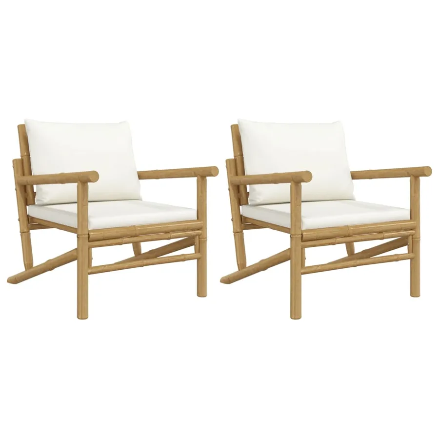 Chaises de jardin lot de 2 avec coussins blanc crème bambou - 2