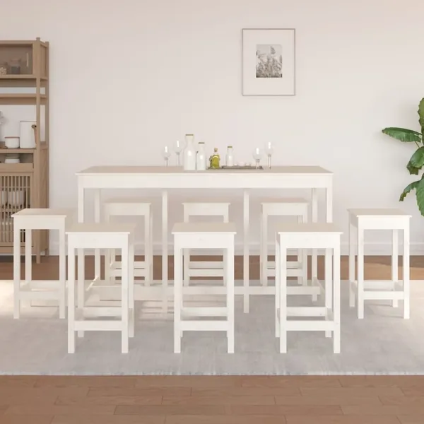 Ensemble de bar 9 pcs Blanc Bois de pin massif