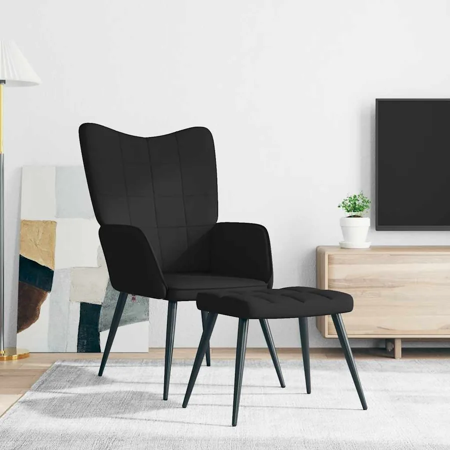 Chaise de relaxation avec tabouret Noir Tissu - 3