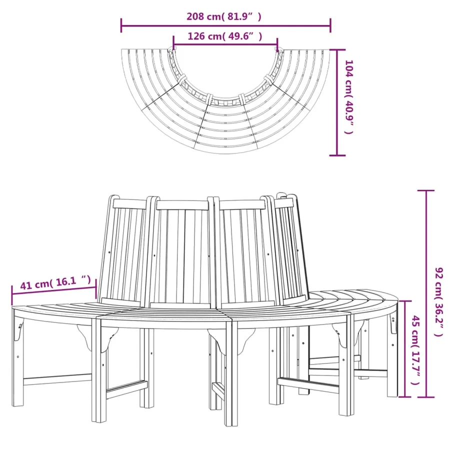 Banc demi-circulaire tour d'arbre Ø208cm bois massif eucalyptus - 6