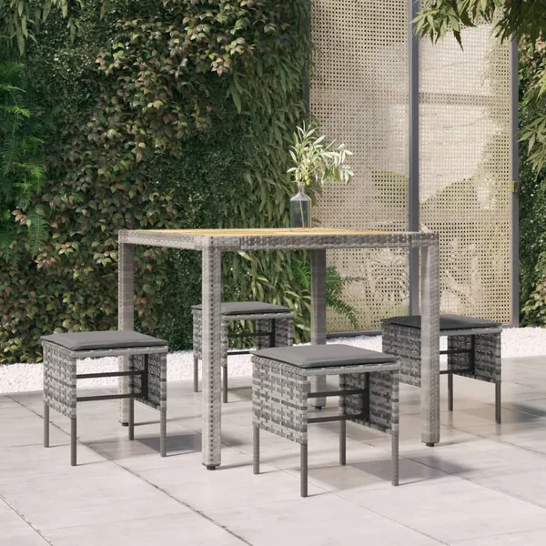 Repose-pieds de jardin et coussins lot de 4 Gris Résine tressée