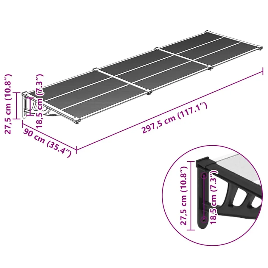 Auvent de porte Noir et transparent 297,5x90 cm Polycarbonate - 6