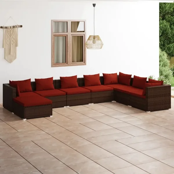 Salon de jardin 8 pcs avec coussins résine tressée marron