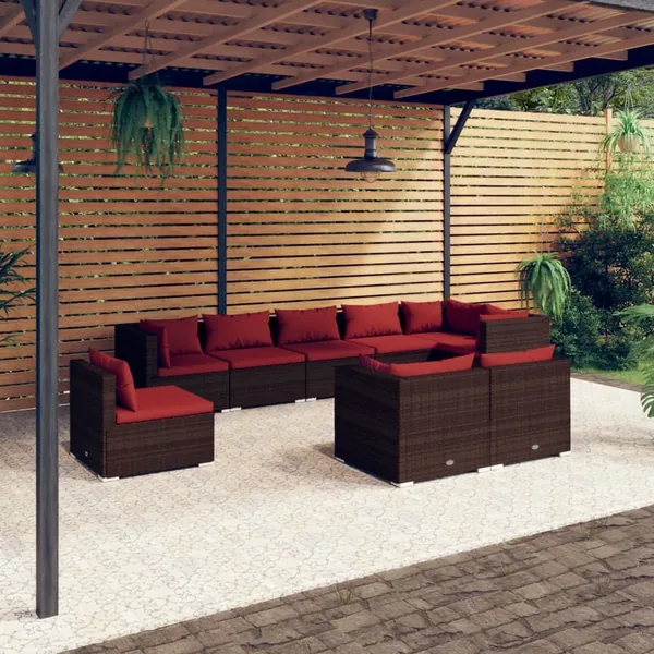 Salon de jardin 9 pcs avec coussins Résine tressée Marron