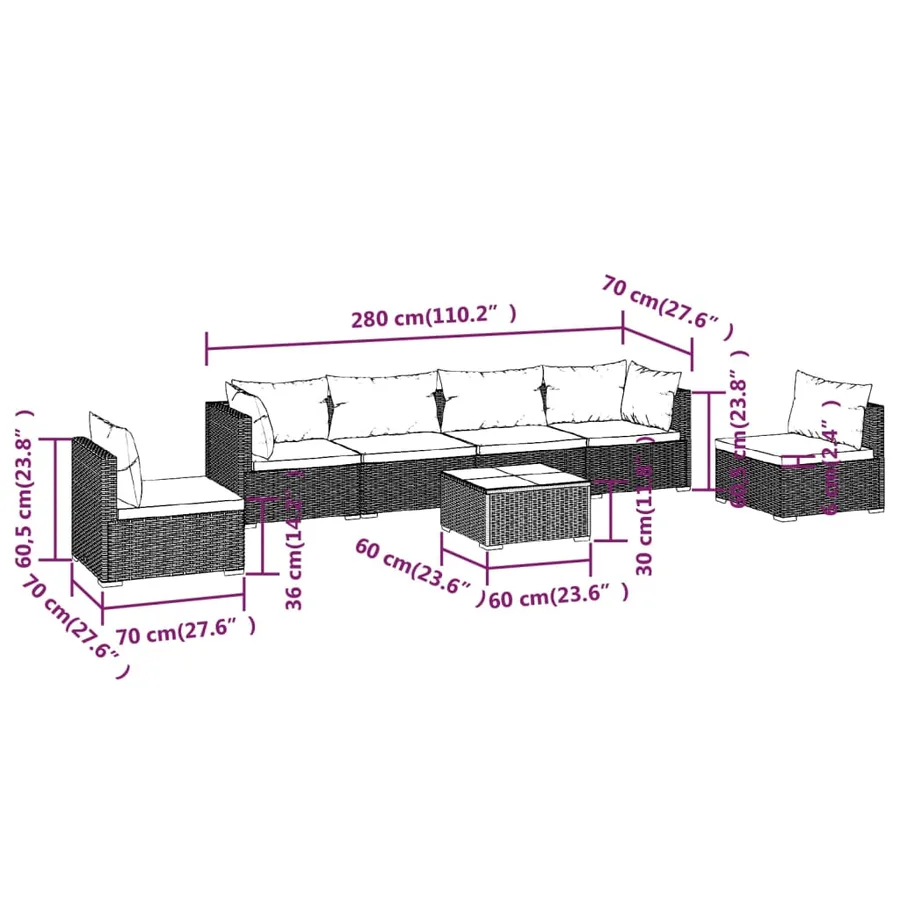 Salon de jardin 7 pcs avec coussins Résine tressée Marron - 9