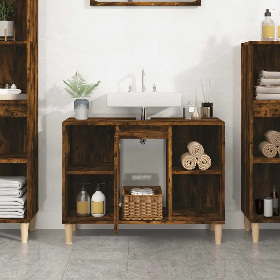 Meuble d'évier chêne fumé 80x33x60 cm bois d'ingénierie - 3