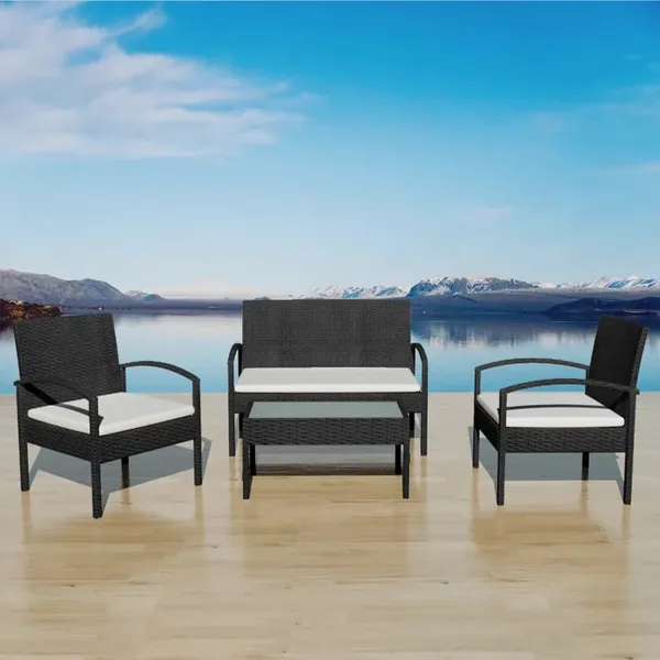 Salon de jardin 4 pcs avec coussins Résine tressée Noir