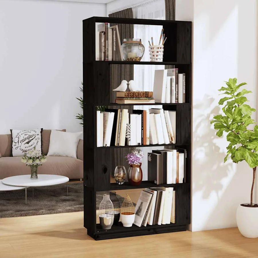 Bibliothèque/Séparateur de pièce Noir 80x25x163,5 cm Pin massif