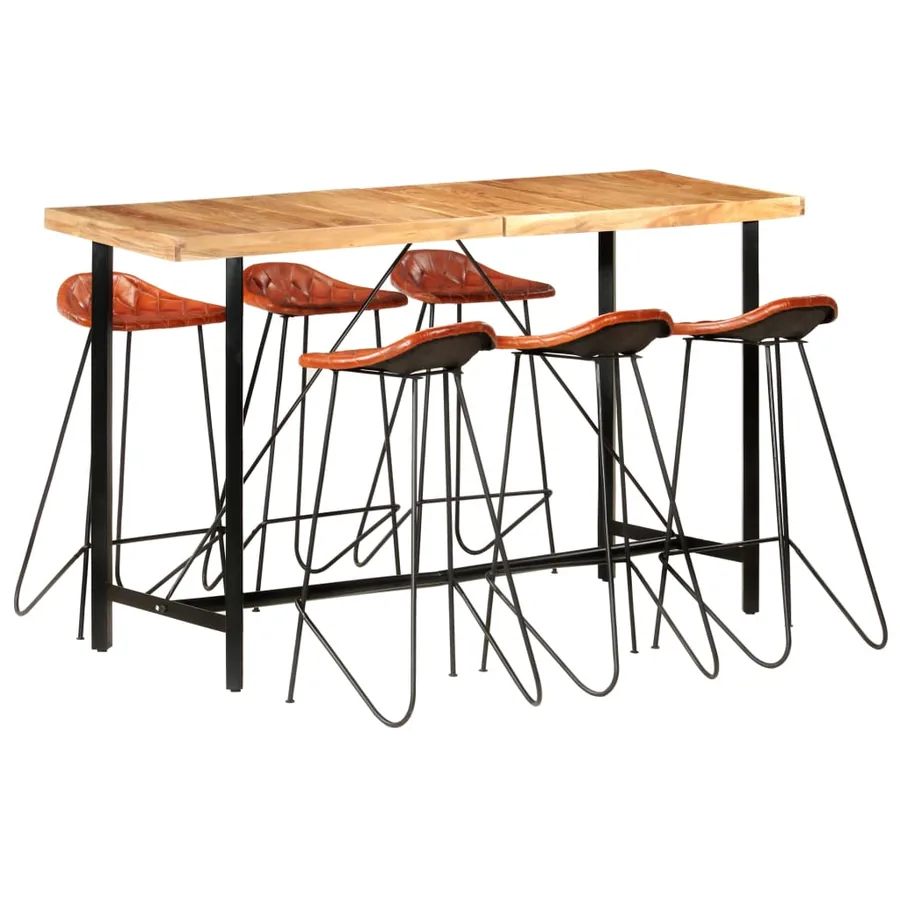 Ensemble de bar 7 pcs Bois solide et cuir véritable