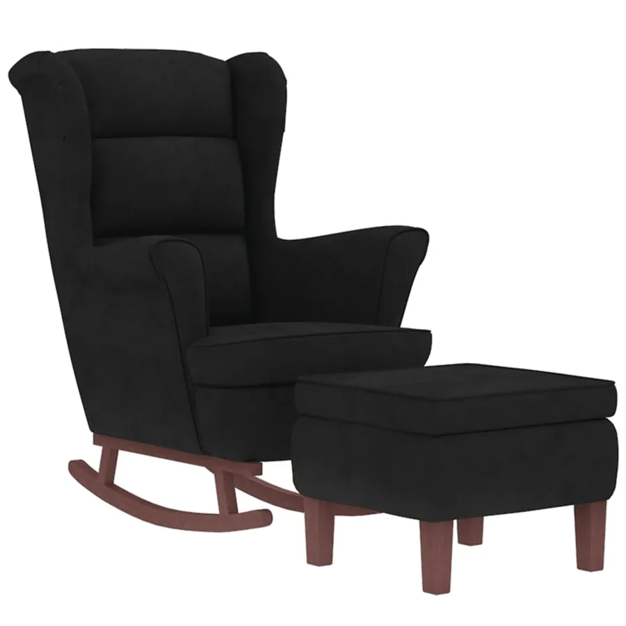 Fauteuil à bascule à oreilles en velours noir bois massif - 3