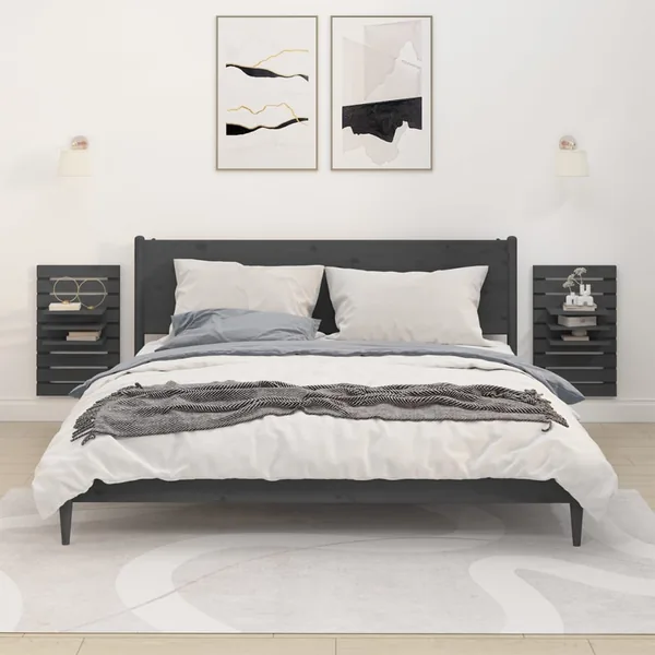 Étagères de chevet murales 2 pcs Gris Bois de pin massif
