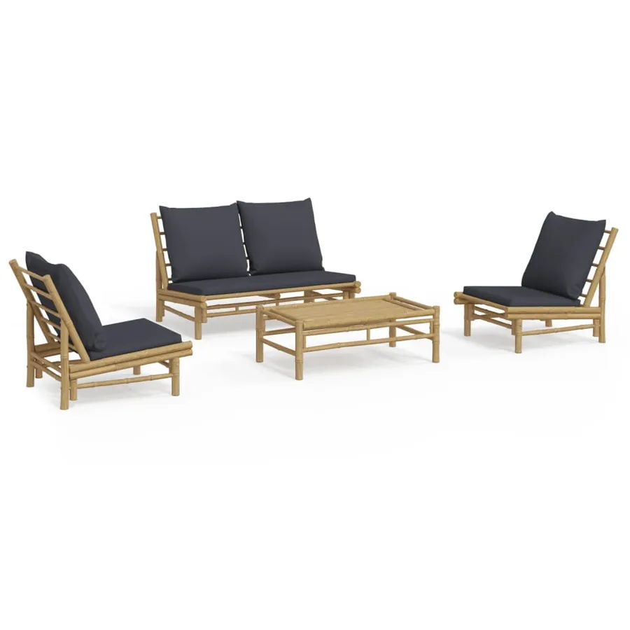 Salon de jardin 4 pcs avec coussins gris foncé bambou - 2