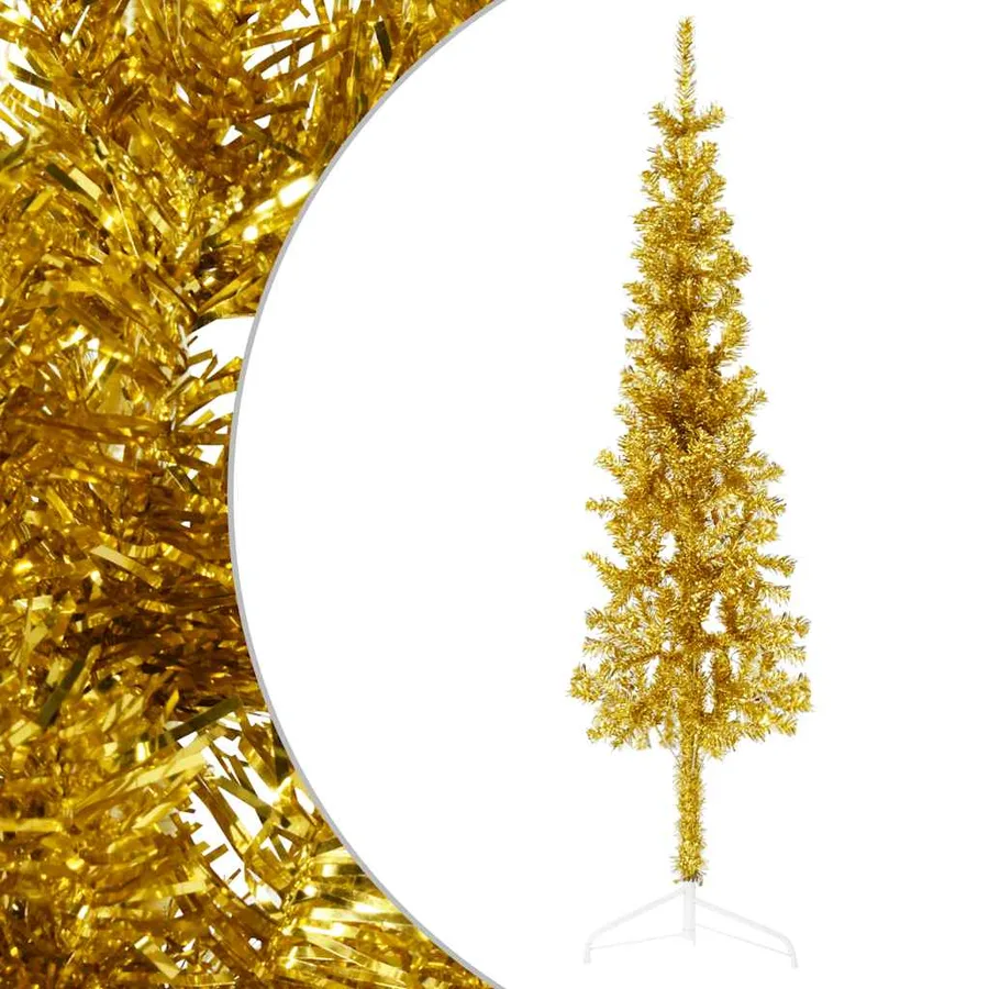Demi sapin de Noël artificiel mince avec support Doré 120 cm - 2