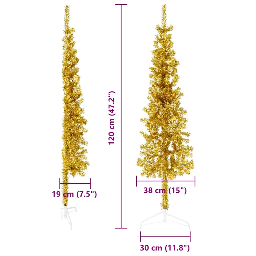 Demi sapin de Noël artificiel mince avec support Doré 120 cm - 8