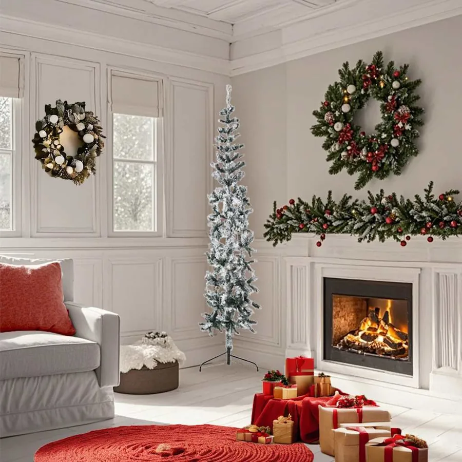 Demi sapin de Noël artificiel mince avec neige floquée 180 cm - 2
