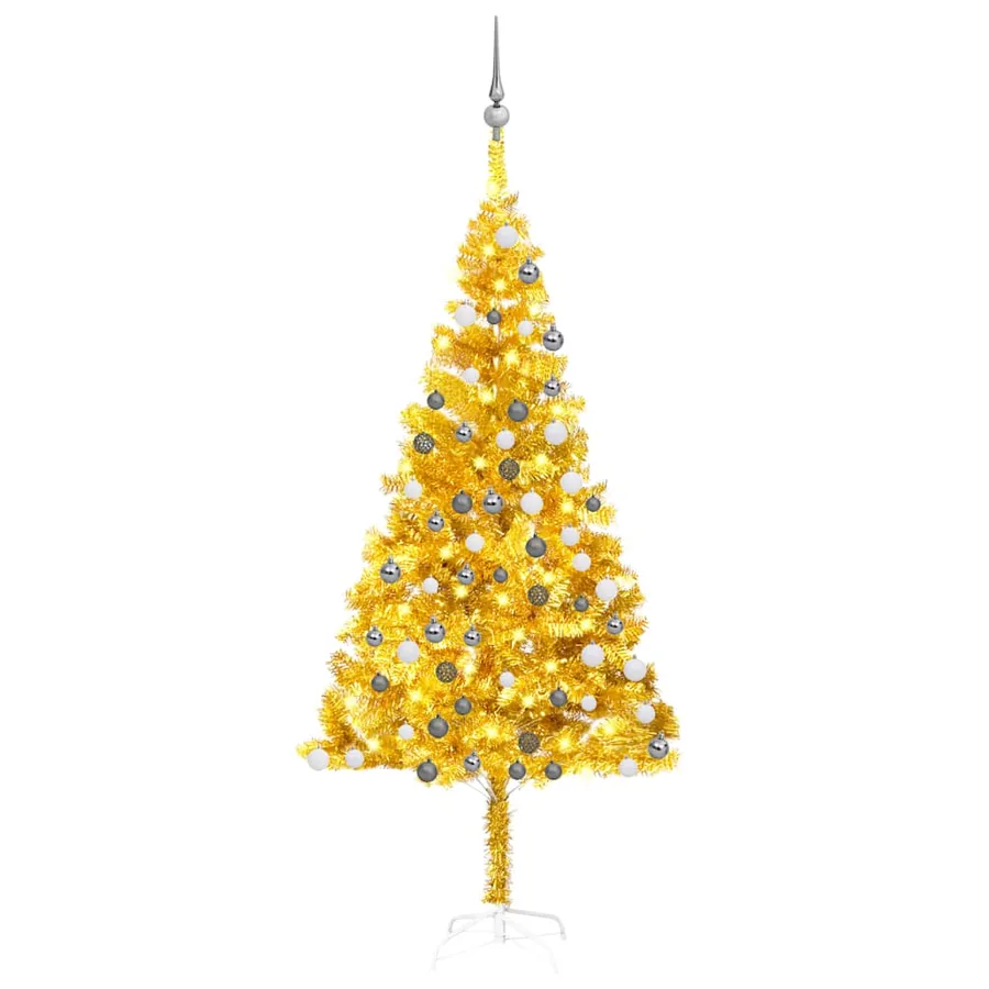 Arbre de Noël artificiel pré-éclairé et boules doré 180 cm PET