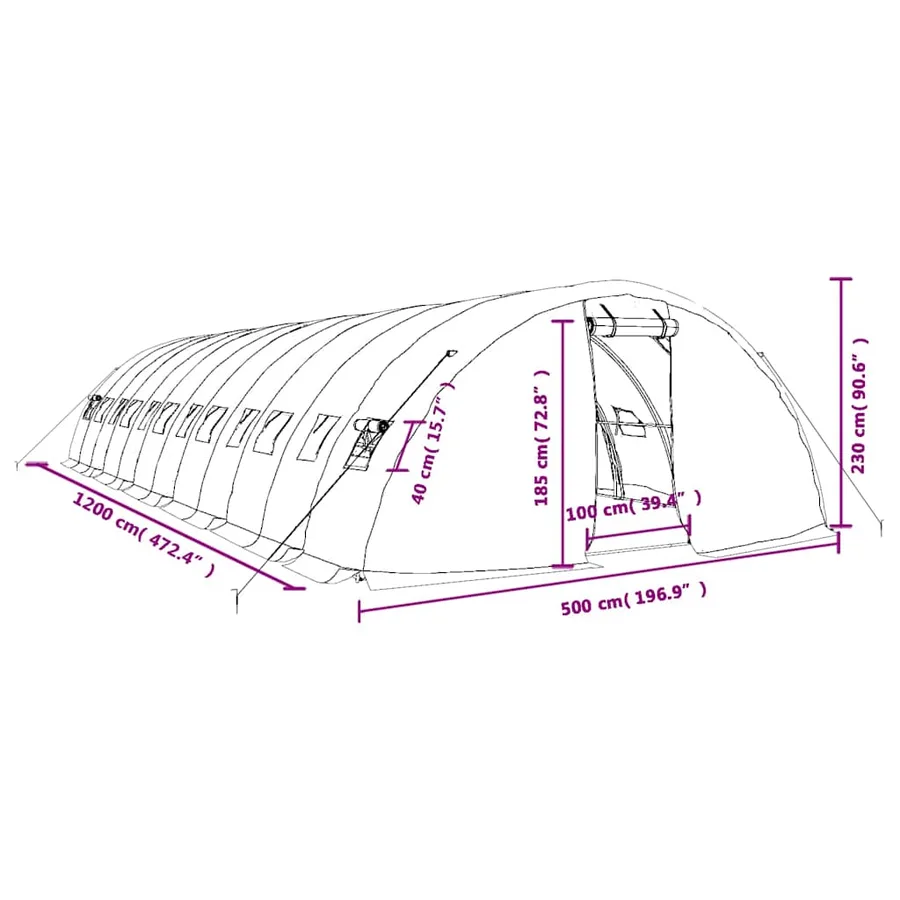 Serre avec cadre en acier vert 60 m² 12x5x2,3 m - 12