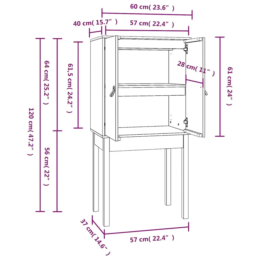 Buffet haut Noir 60x40x120 cm Bois massif de pin - 9