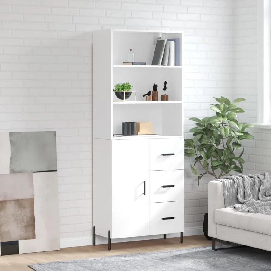 Buffet haut Blanc brillant 69,5x34x180 cm Bois d'ingénierie