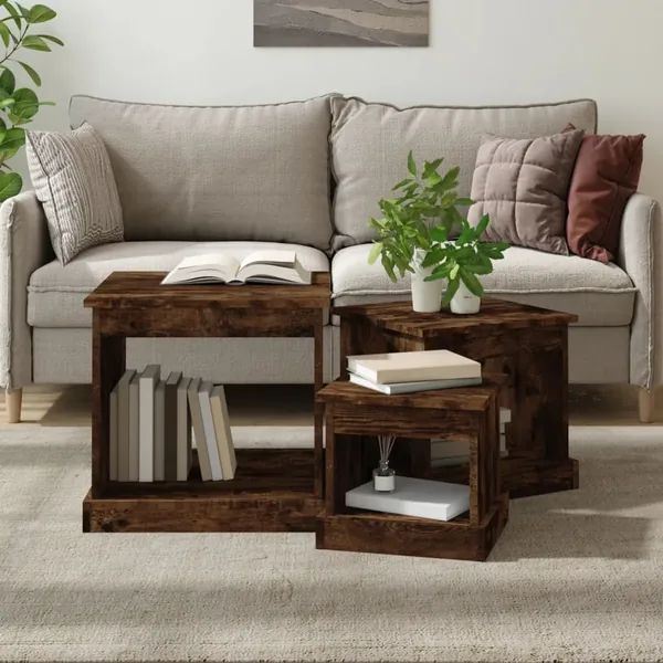 Tables basses 3 pcs chêne fumé bois d'ingénierie