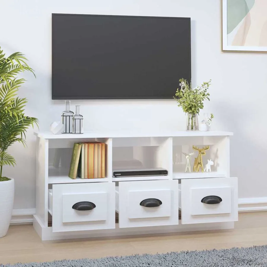 Meuble TV blanc brillant 100x35x50 cm bois d'ingénierie - 3