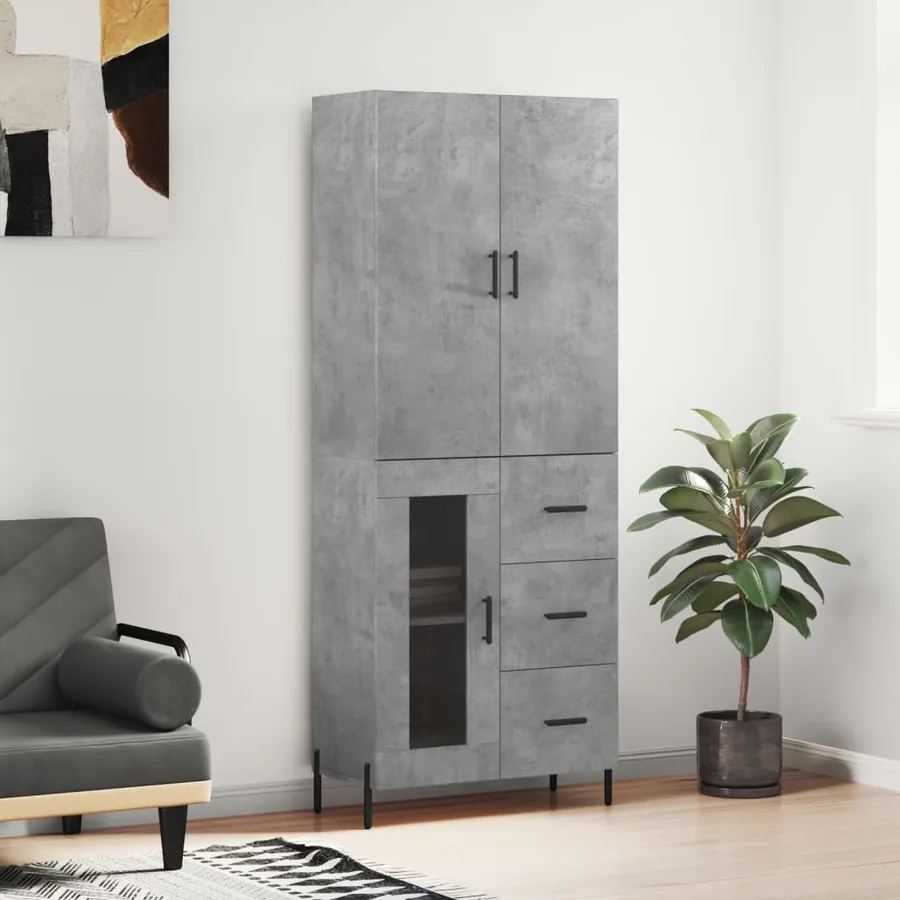 Buffet haut Gris béton 69,5x34x180 cm Bois d'ingénierie