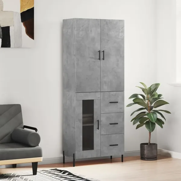 Buffet haut Gris béton 69,5x34x180 cm Bois d'ingénierie