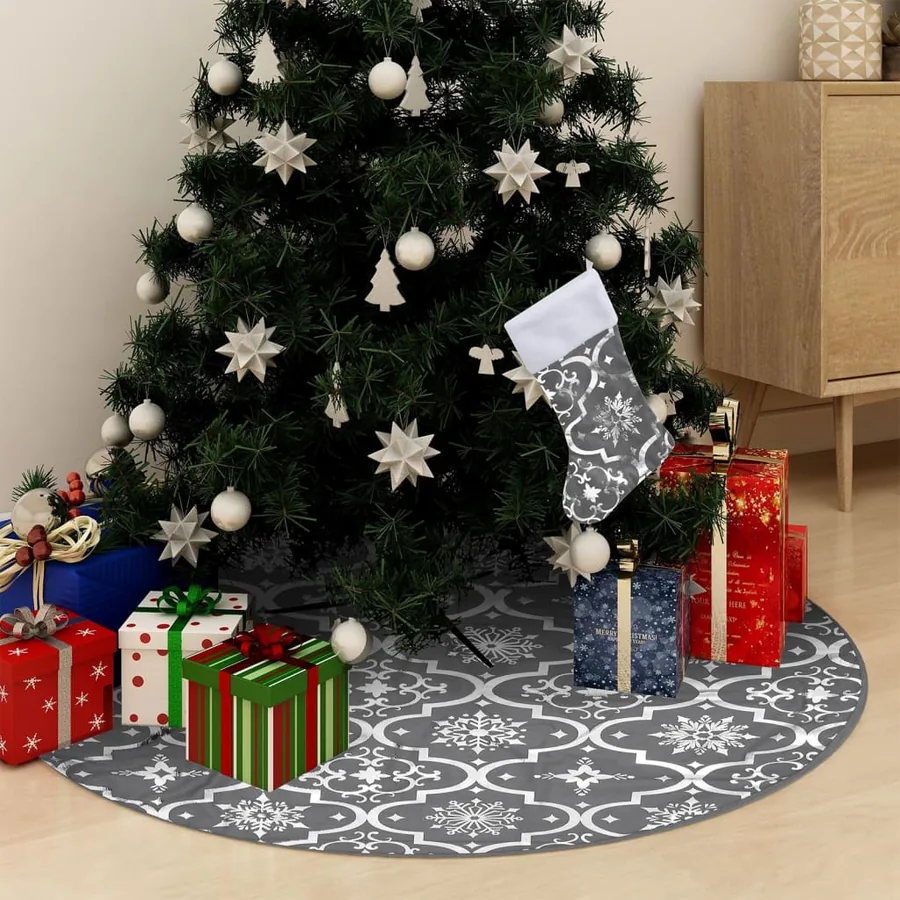 Jupe de sapin de Noël de luxe avec chaussette Gris 150 cm Tissu
