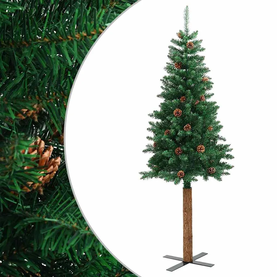 Sapin de Noël mince avec bois véritable et cônes vert 180cm PVC - 2