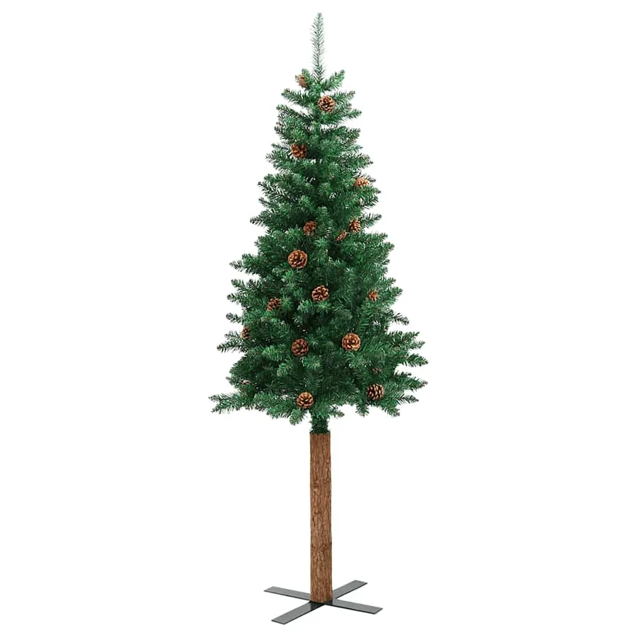 Sapin de Noël mince avec bois véritable et cônes vert 180cm PVC - 3
