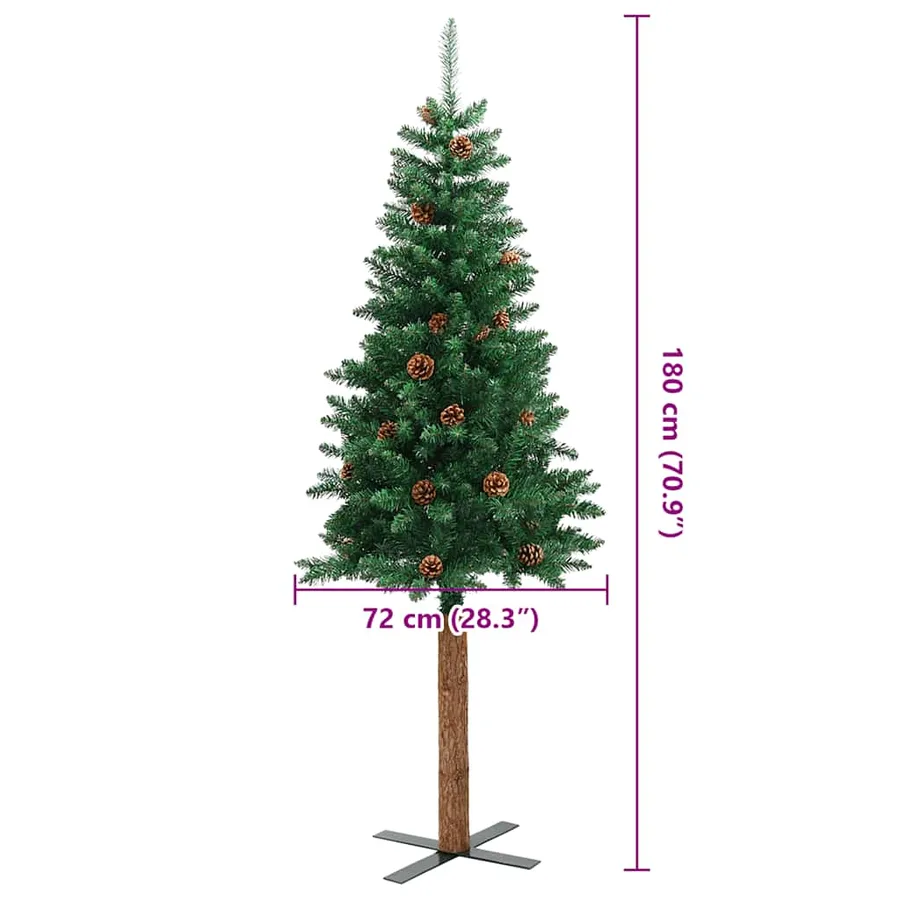 Sapin de Noël mince avec bois véritable et cônes vert 180cm PVC - 7