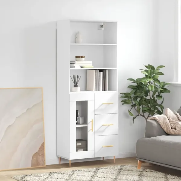 Buffet haut Blanc brillant 69,5x34x180 cm Bois d'ingénierie