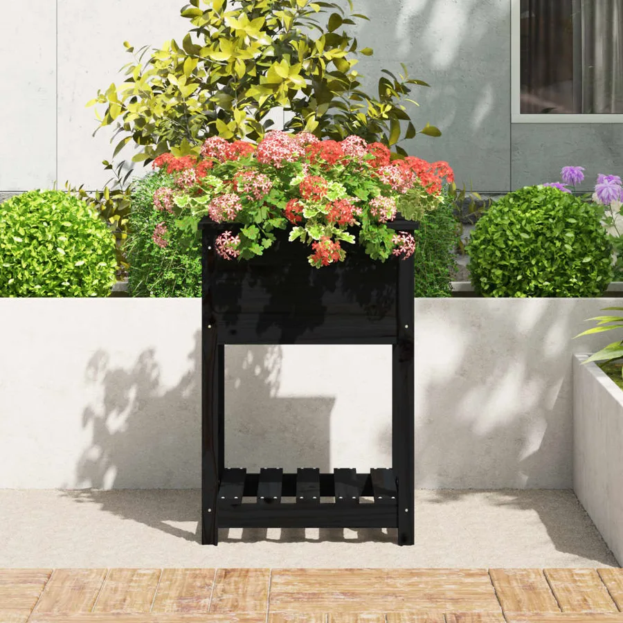 Jardinière avec étagère Noir 54x54x81 cm Bois massif de pin - 3