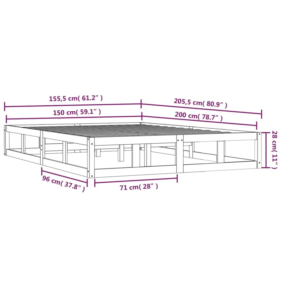 Cadre de lit sans matelas gris 150x200 cm bois massif - 9