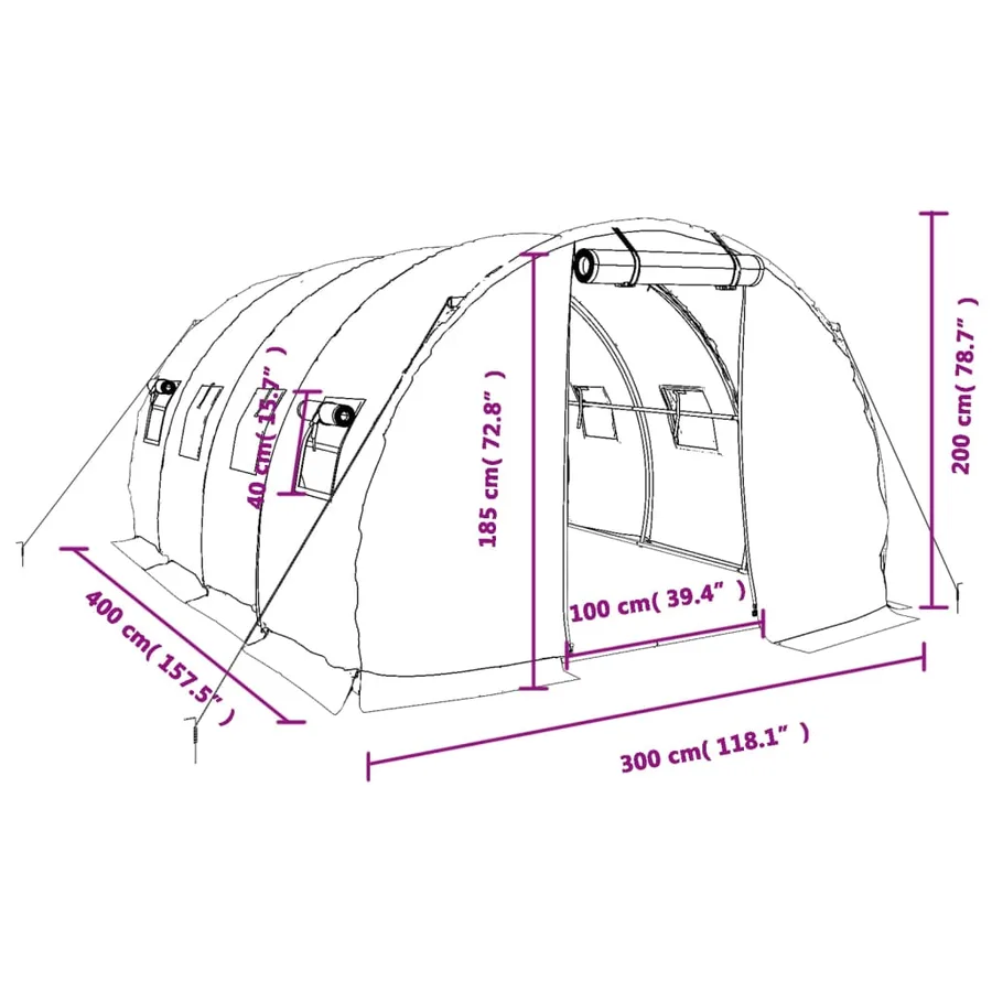Serre avec cadre en acier vert 12 m² 4x3x2 m - 12