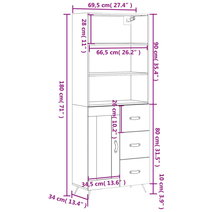 Buffet haut Blanc 69,5x34x180 cm Bois d'ingénierie - 14