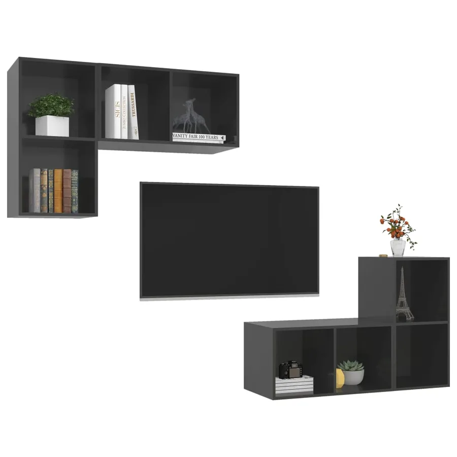 Meubles TV muraux 4 pcs Gris brillant Bois d'ingénierie - 3