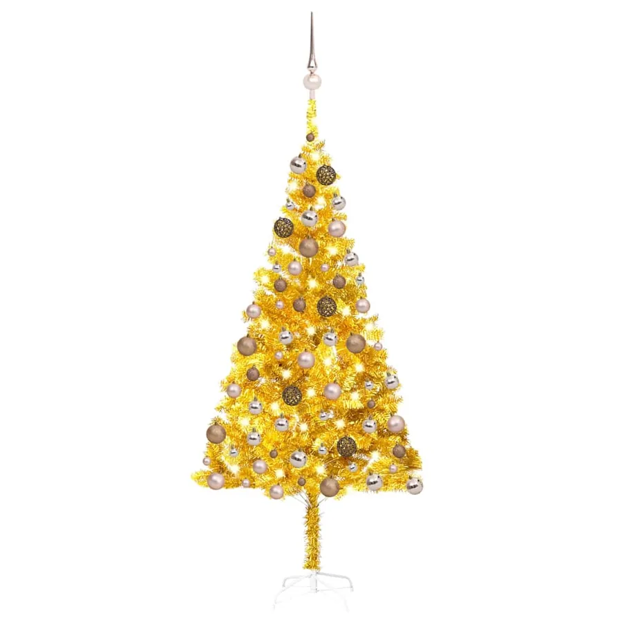 Arbre de Noël artificiel pré-éclairé et boules doré 180 cm PET