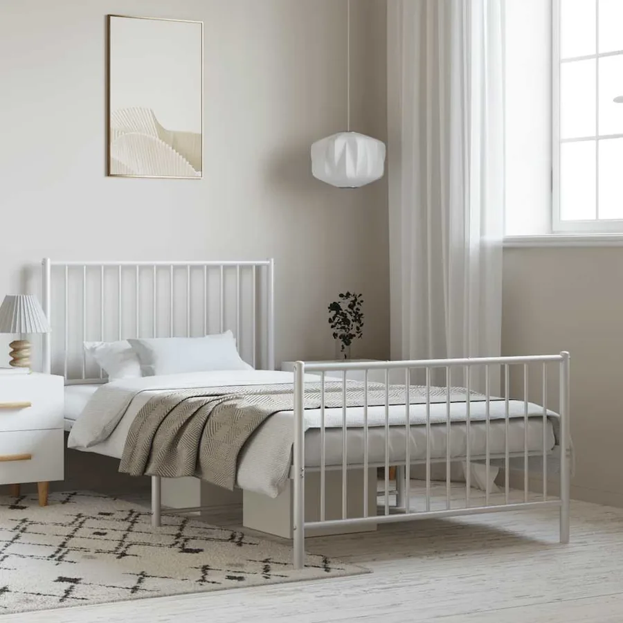 Cadre de lit métal sans matelas et pied de lit blanc 100x190 cm
