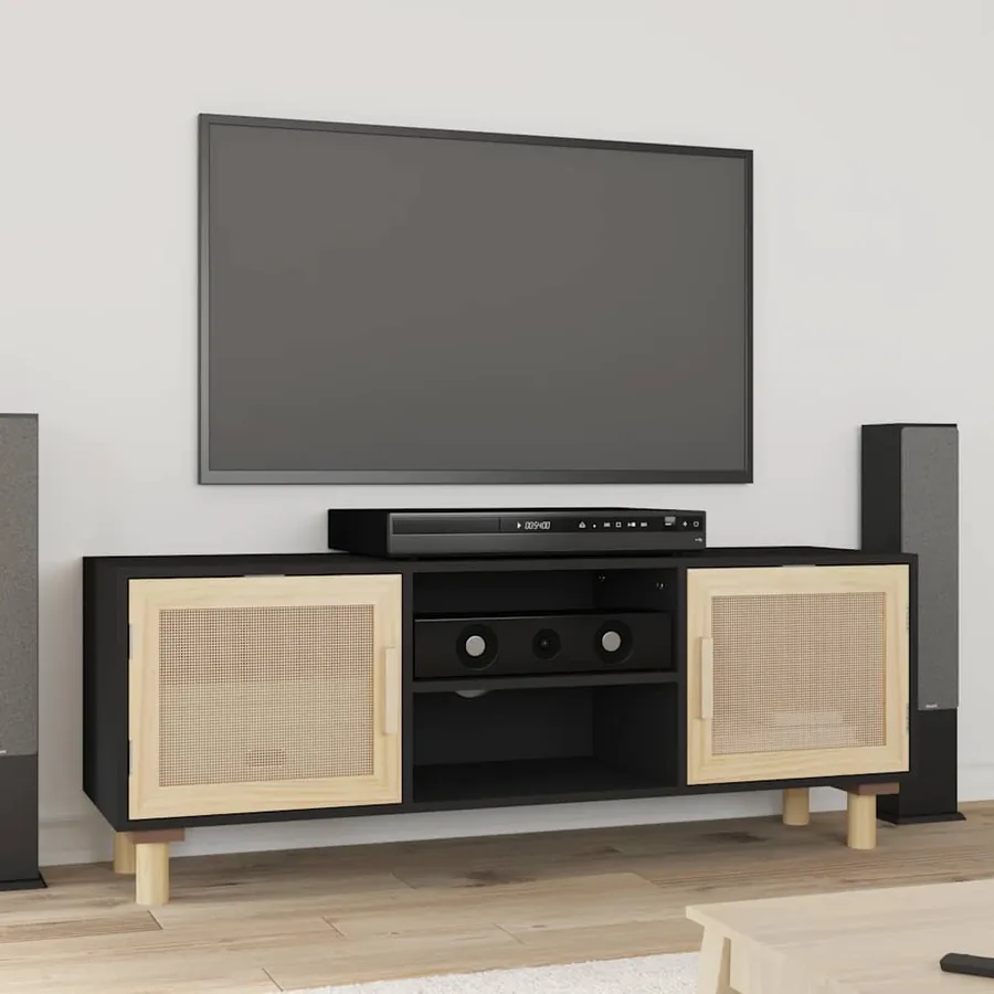 Meuble TV Noir 105x30x40cm Bois de pin massif et rotin naturel