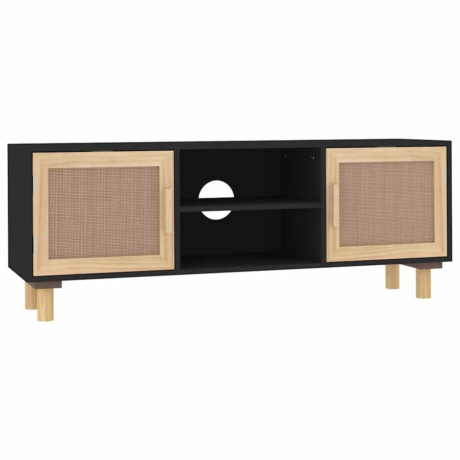 Meuble TV Noir 105x30x40cm Bois de pin massif et rotin naturel - 2
