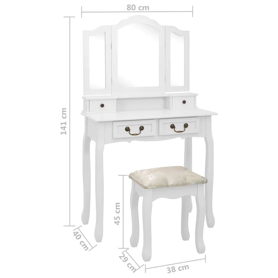Ensemble de coiffeuse avec tabouret Blanc 80x69x141cm Paulownia - 12