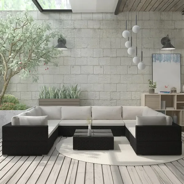 Salon de jardin 9 pcs avec coussins Résine tressée Noir