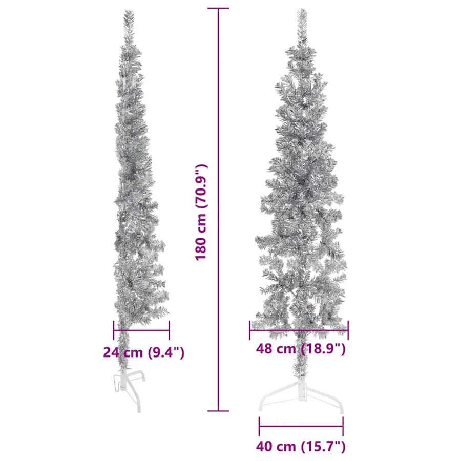 Demi sapin de Noël artificiel mince avec support Argenté 180 cm - 10