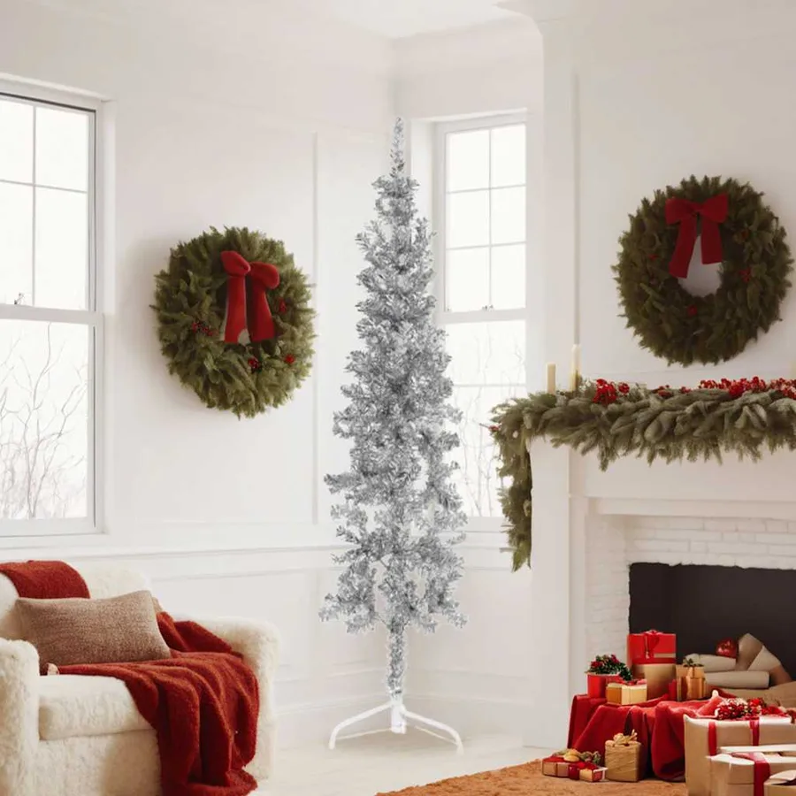Demi sapin de Noël artificiel mince avec support Argenté 180 cm - 2