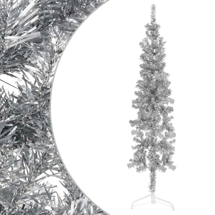Demi sapin de Noël artificiel mince avec support Argenté 180 cm - 3