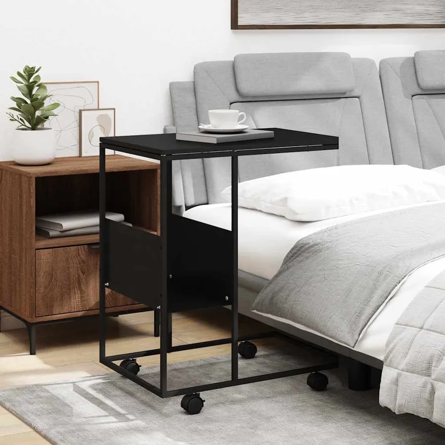Table d'appoint avec roues noir 55x36x63,5 cm bois d'ingénierie - 3