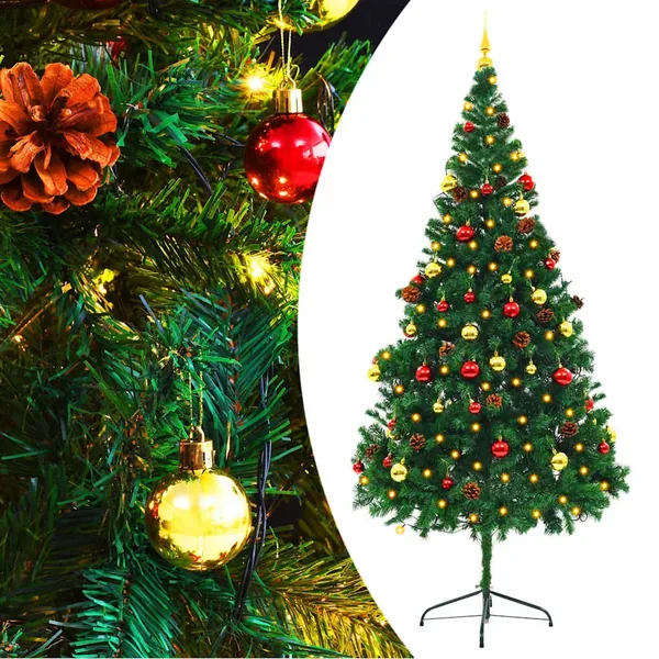 Arbre de Noël artificiel pré-éclairé avec boules vert 210 cm