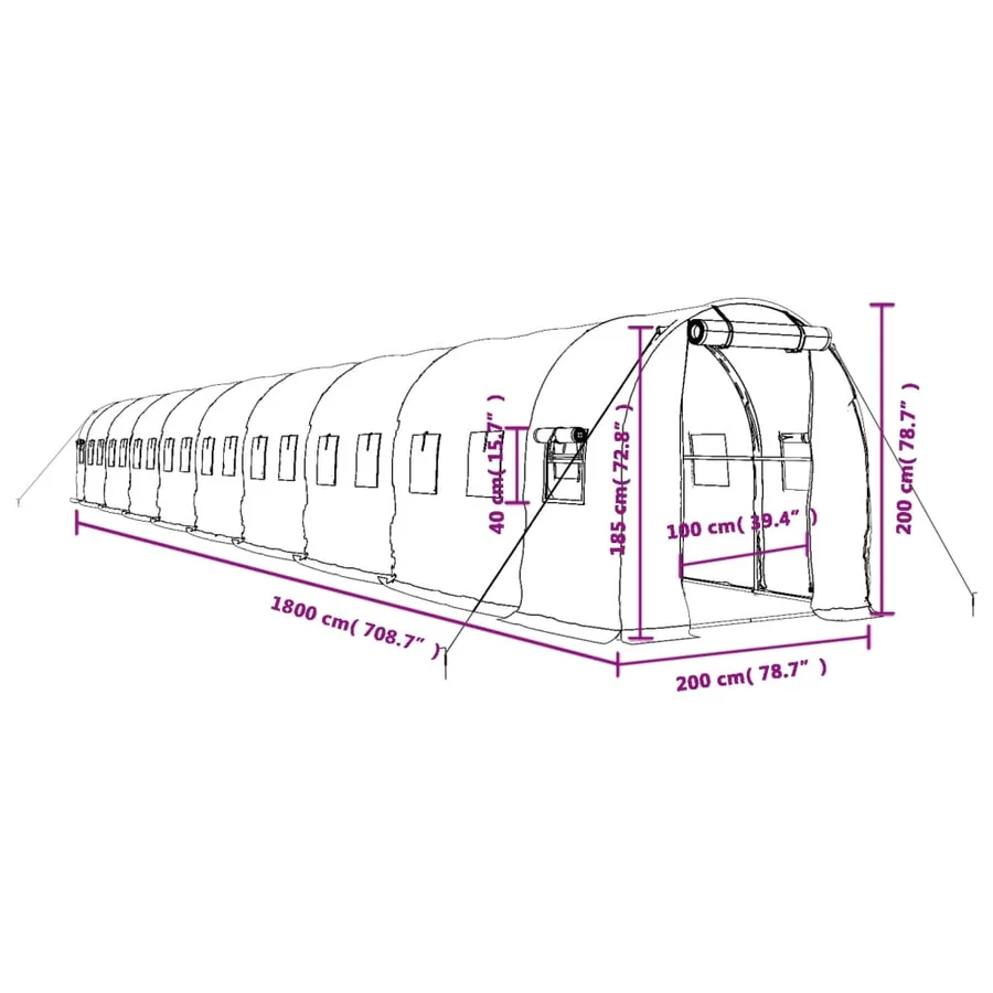 Serre avec cadre en acier vert 36 m² 18x2x2 m - 12