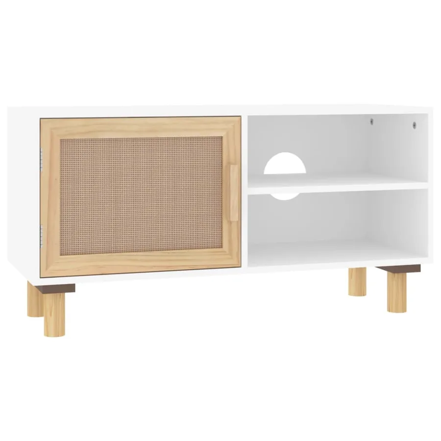 Meuble TV Blanc 80x30x40 cm Bois de pin massif et rotin naturel - 2